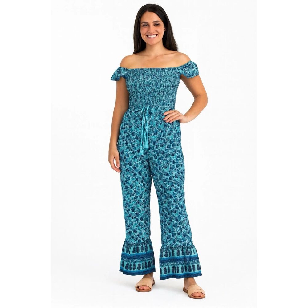 Bog collective Jumpsuit Womens Large floral Ruffle flare Hem Off Shoulder Sleeve